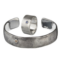 Silver cuff with diamond and sapphire